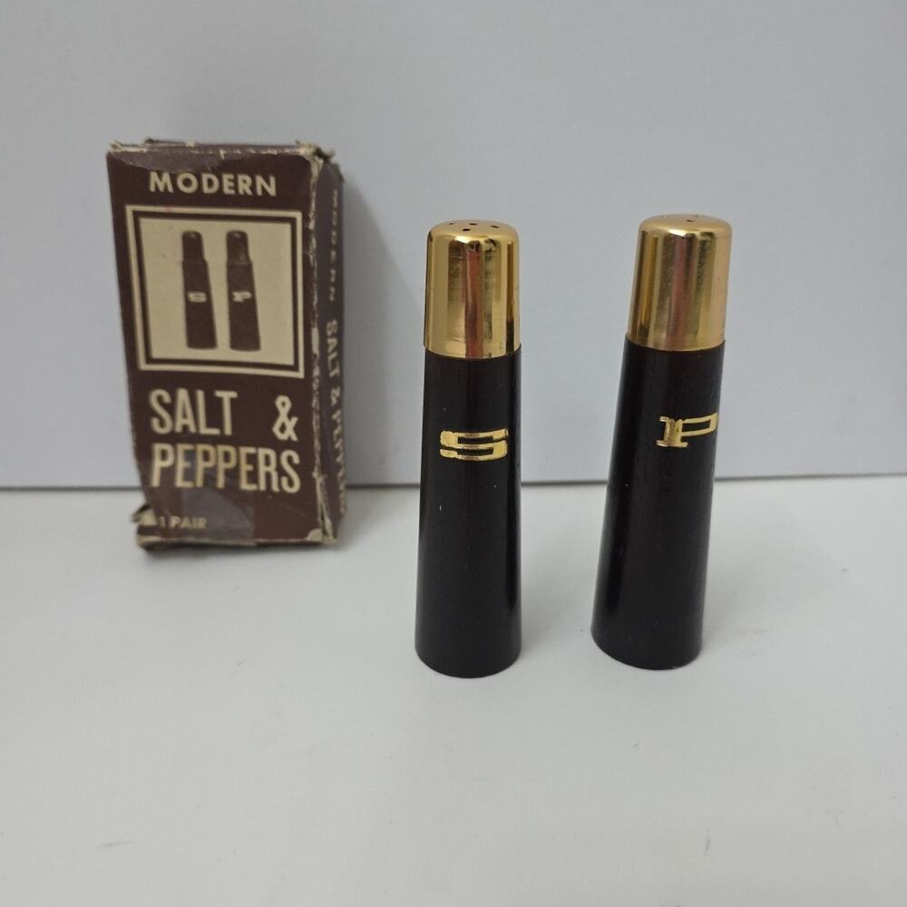 Vintage MCM Wooden Salt and Pepper Shakers with Stoppers Gold Tone